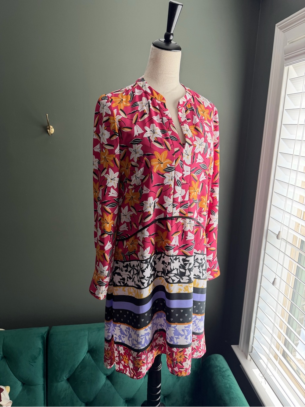 Taylor Pink Floral Long Sleeve Tiered Dress with Yellow Accents